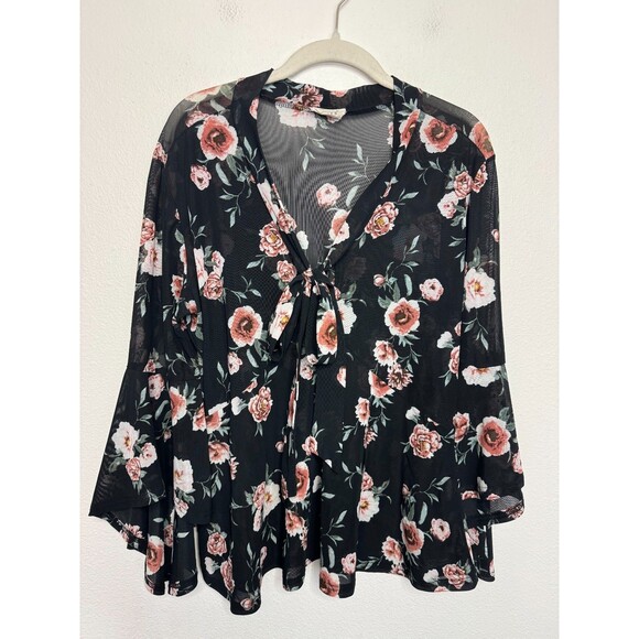 Ember XL Blouse Floral Black Tie Front Bell Sleeve V-Neck Ruffle Sheer FLAW - Picture 1 of 11